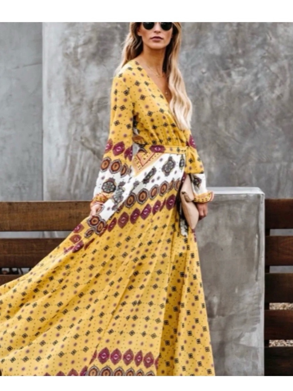 Ark & Co medium Boho Yellow Printed Maxi Dress with V-Neck
